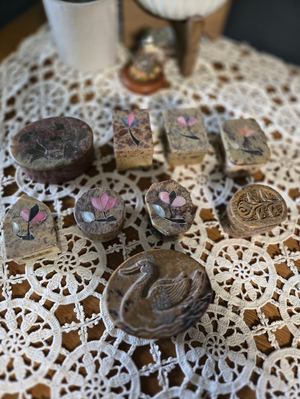 Collection of 9 Carved Soapstone Trinket Boxes